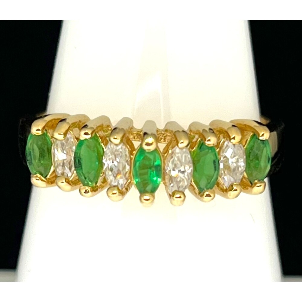 Vintage Ring Size 8 Green & Clear Cubic Zirconia Band Mid-Century 1M